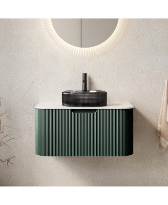 Wall-Mounted Bathroom Vanity with Crystal Glass Sink, Sintered Stone Top, Soft Close Drawer, Pre-Assembled Green Stripe Cabinet
