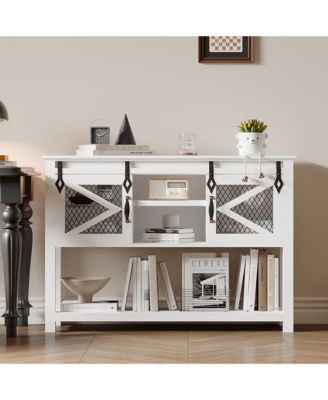 Farmhouse Entryway Console Sofa Table – 46inch Narrow Accent Table with Sliding Barn Doors and Storage Shelves – Ideal for Foyer