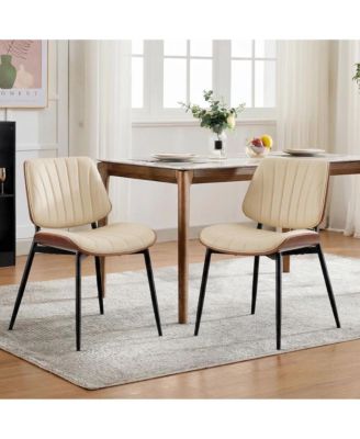 Set of 2 Modern Boho Dining Chairs - PU Leather Upholstered, Curved Walnut Backrest - Ergonomic - Mid-Century Accent Side Chairs