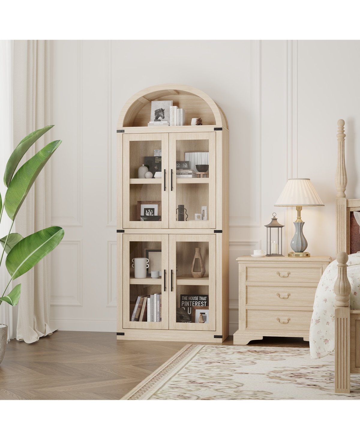 homfan Arched Glass Door Bookshelf, Freestanding Engineered Wood 4-Door Display Cabinet with Anti-Tip Design Home Storage