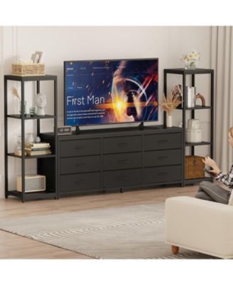 Industrial TV Stand Dresser, 9 Fabric Drawers and 2 Four-Tier Storage Shelves, Fits TVs Up to 75 Inches, Large Media Console for Living Room