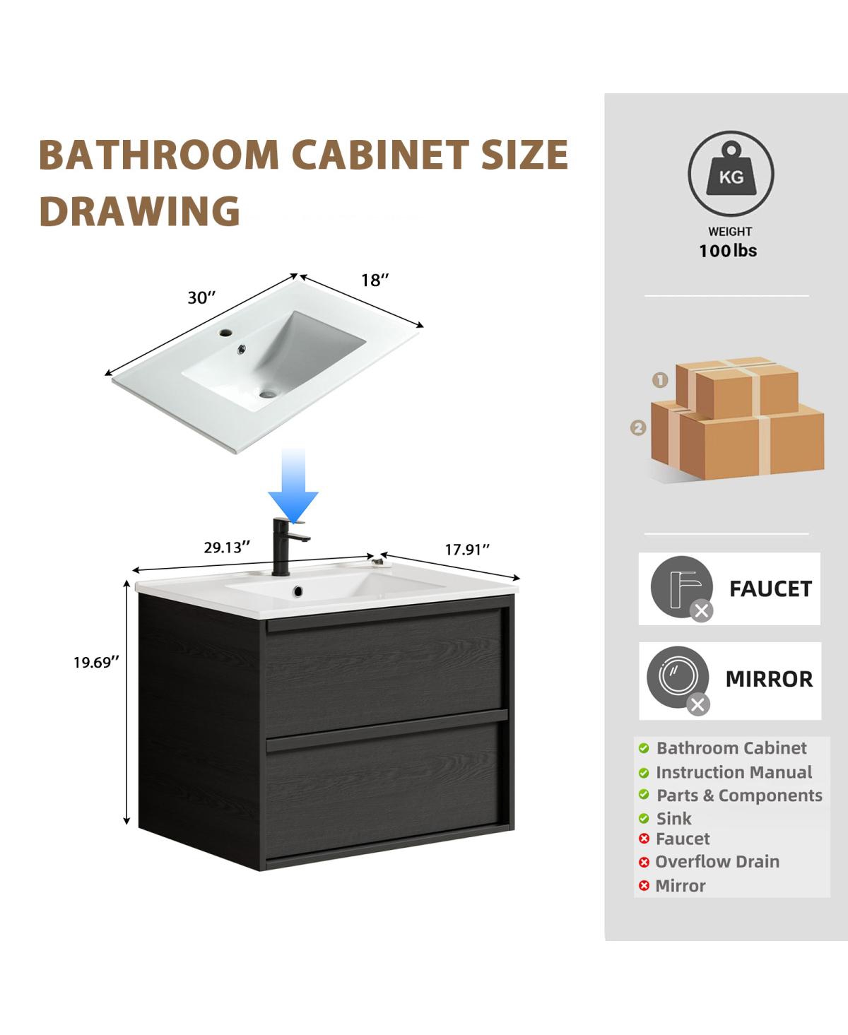 Sillysis Wall Mounted Bathroom Vanity with Ceramic Sink, Soft Close Drawers, Floating Black Cabinet