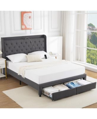 Full Size Upholstered Platform Bed with Wingback Storage Headboard, 2 Drawers, USB and Type C, Linen Button Tufting, No Box Spring Required