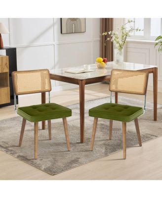 Set of 2 Mid-Century Modern Dining Chairs - Rattan Tall Cane Back, Upholstered Seat, Solidly Wood and Metal Frame - Comfortable, Durable