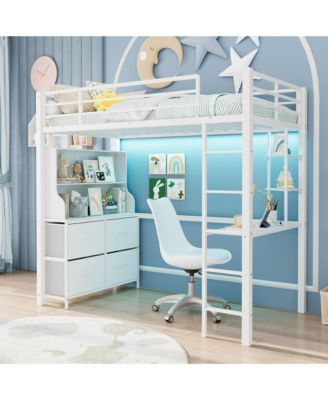 Twin Loft Bed with Desk, Metal Loft Bed with 4 Drawers, Led Lights and Charging Station for Bedroom