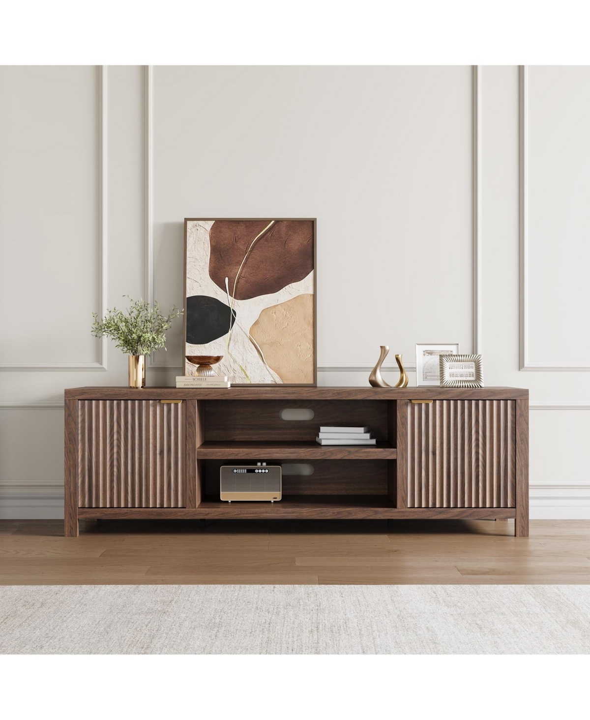 homfan Fluted Tv Stand for 75 inch, 70" Wide Entertainment Center with Adjustable Shelves, Modern and Media Cabinet 2-Tier Storage