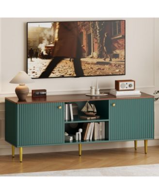 Fluted TV Stand for TVs up to 65in, Mid Century Modern Wooden Entertainment Center, Adjustable Shelf and 2 Storage Doors
