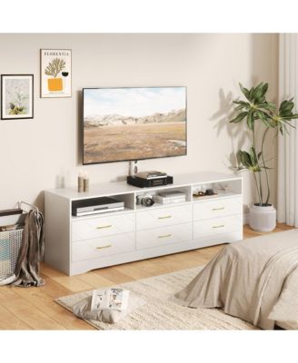 Modern TV Stand with Mount, 6 Drawers, Contemporary Storage Cabinet, Functional Media Console Table, Fits Most Living Room Spaces
