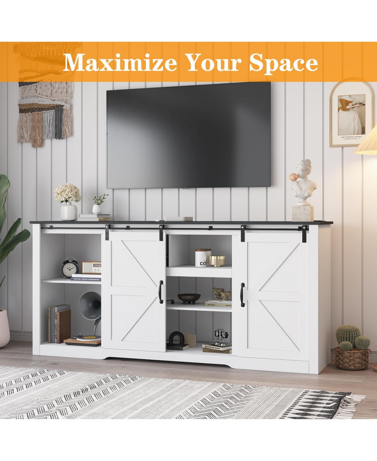 homfan Farmhouse Tv Stand for 80 Inch Tv, 70-Inch Entertainment Center with Sliding Barn Doors, Adjustable Storage Shelves