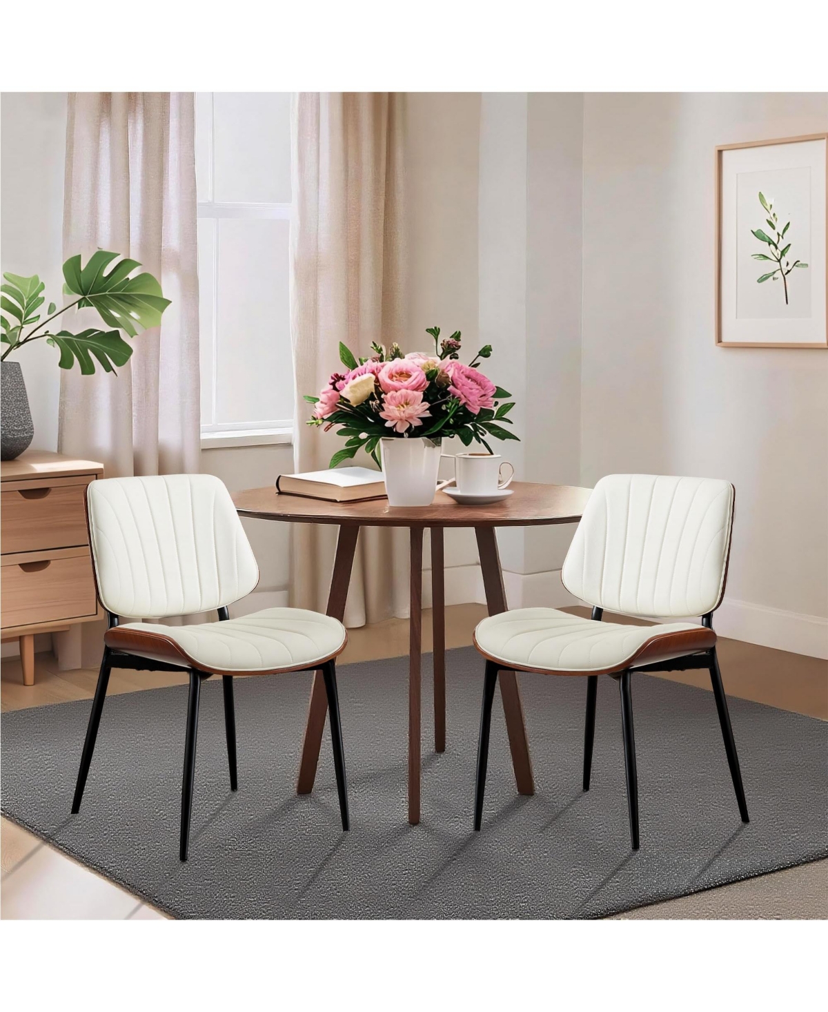 homfan Set of 6 Dining Chairs, Faux Leather Mid Century Chairs with Walnut Backrest and Metal Legs for Dining Room