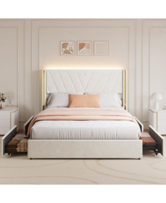 Modern Upholstered Platform Bed, RGB LED Headboard with V Shaped Wingback, Storage Drawers, Wooden Slats, Noise Free, No Box Spring Required