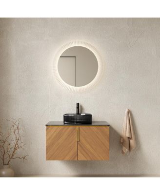 Bathroom Vanity Cabinet with Glass Vessel Sink, Sintered Stone Top, Soft Close Storage, Modern Oak Grain Design