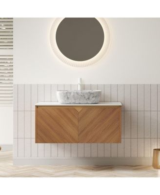 Floating Bathroom Vanity with Ceramic Vessel Sink, Carrara Sintered Stone Top, Solid Wood Door, Twill Metal Trim
