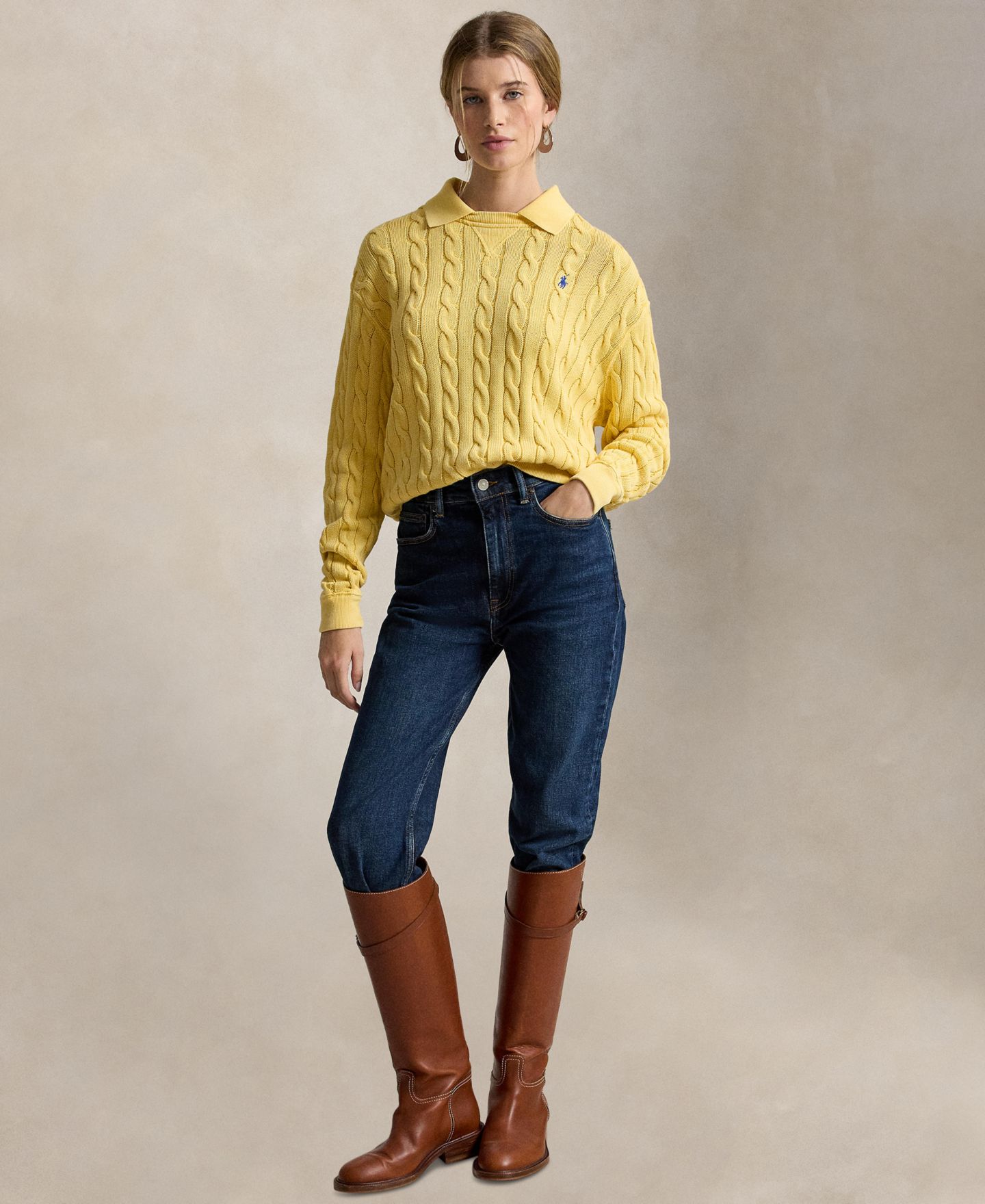 Женский свитер Polo Ralph Lauren Cable-Knit Cotton Polo, цвет: Жёлтый — фото 2