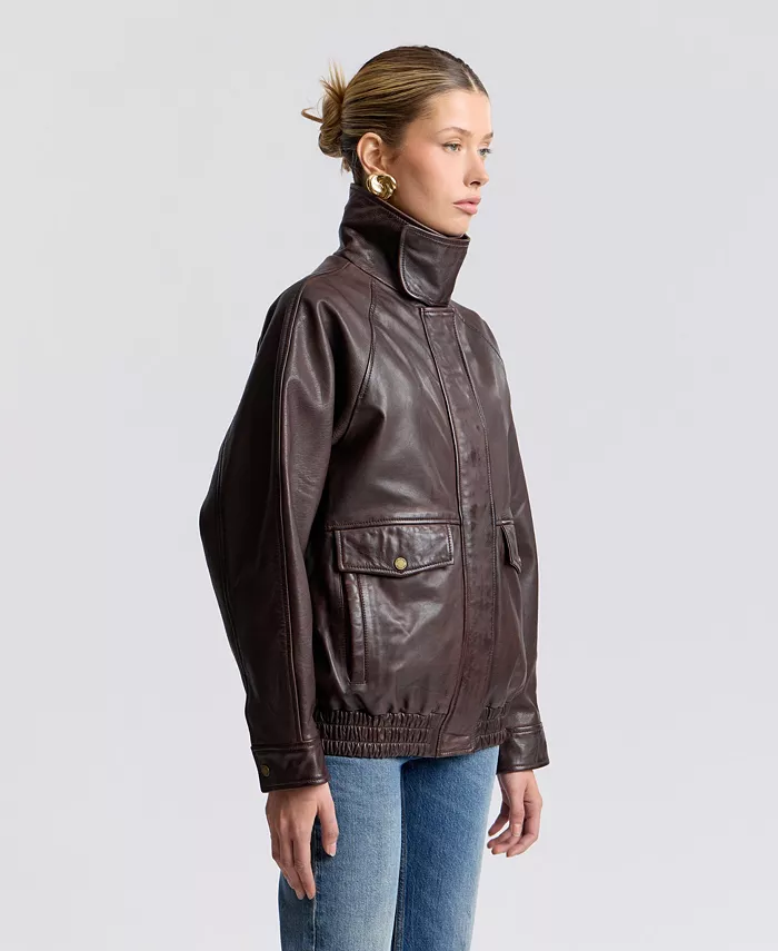Women's Leather Bomber Coat - thumbnail 7