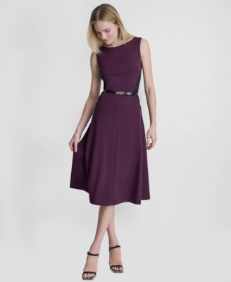 Women's Sleeveless Boat Neck Belted Midi Dress