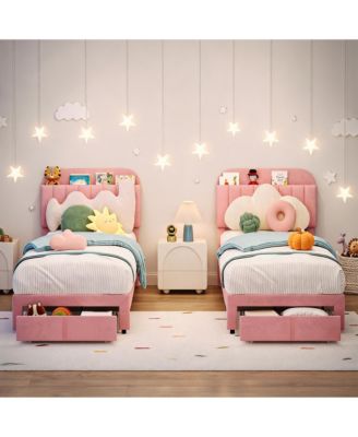 2 Piece Twin Velvet Upholstered Platform Bed Frame with Storage Bookcase Headboard and Large Drawer, No Box Spring Needed, Easy Assembly