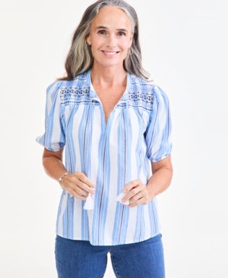 Women's Smocked Elbow-Sleeve Cotton-Linen Blend Top