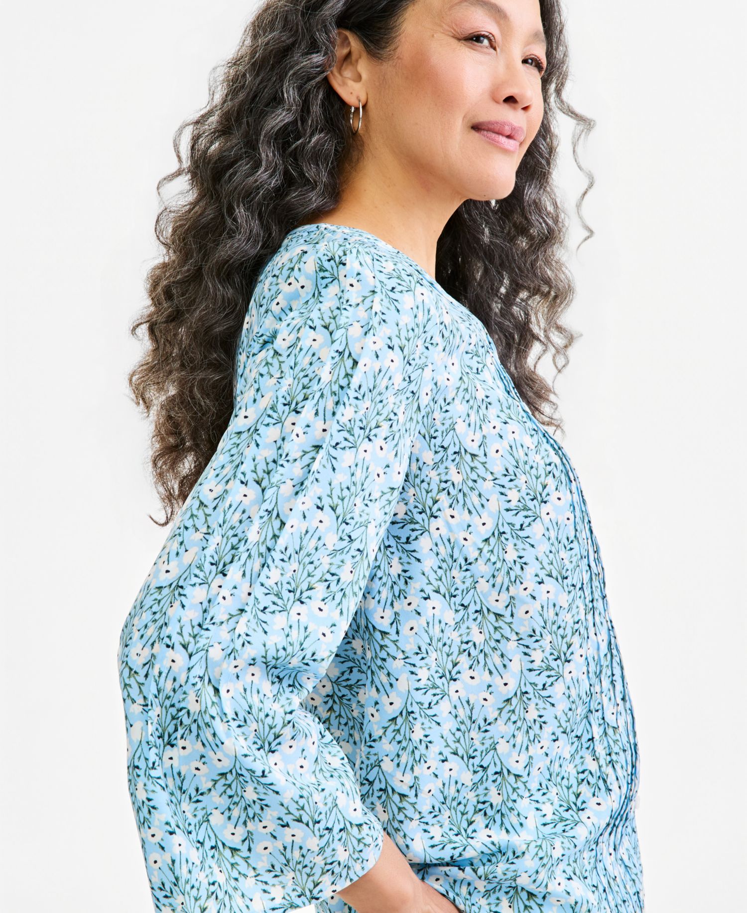 Plus Printed Bell-Sleeve Pintuck Blouse