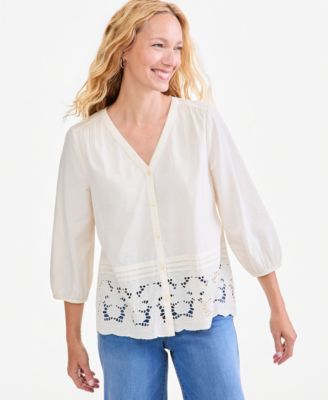 Petite Mixed Media V-Neck 3/4-Sleeve Eyelet Blouse