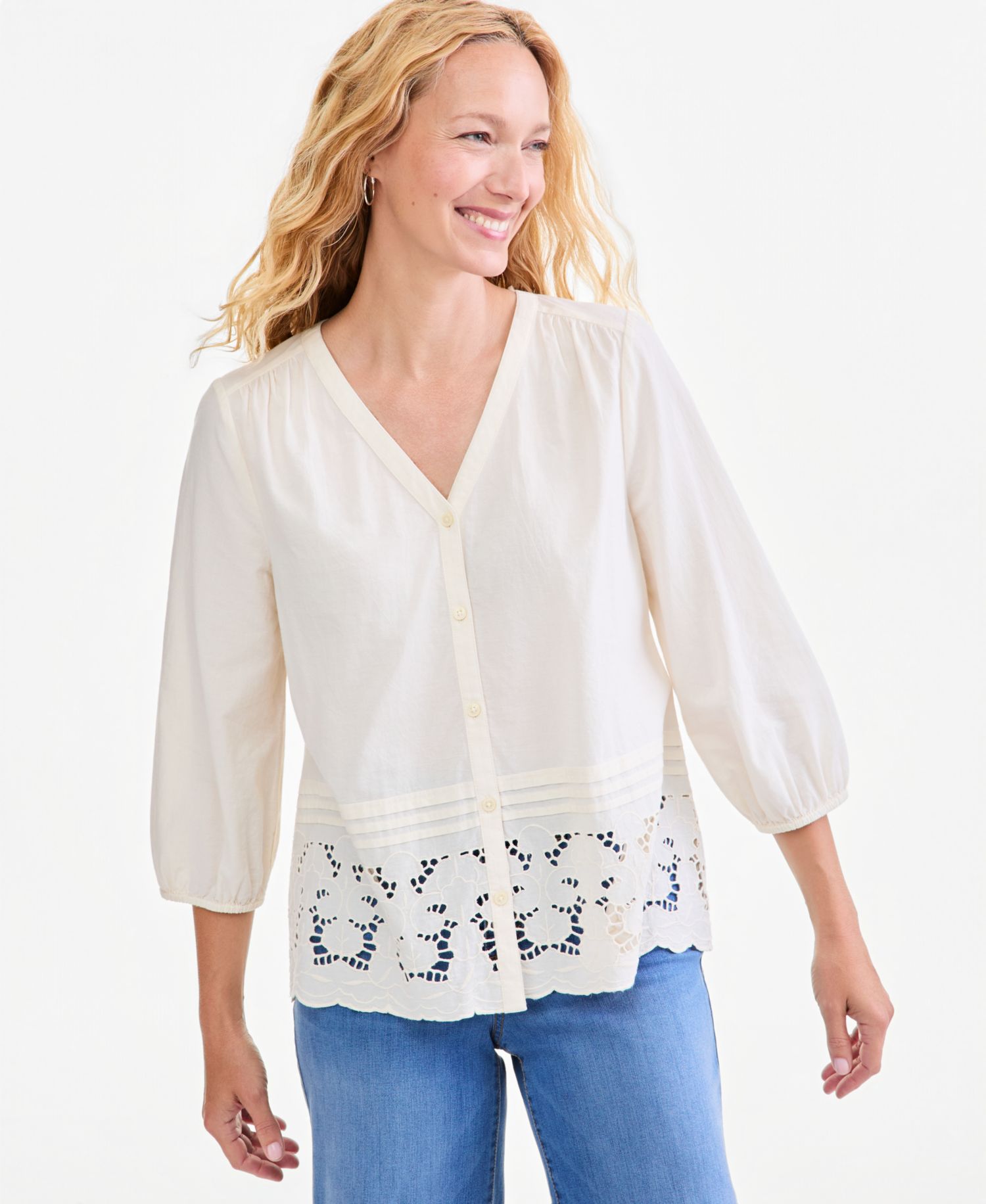 Petite Eyelet Scalloped-Hem Blouse