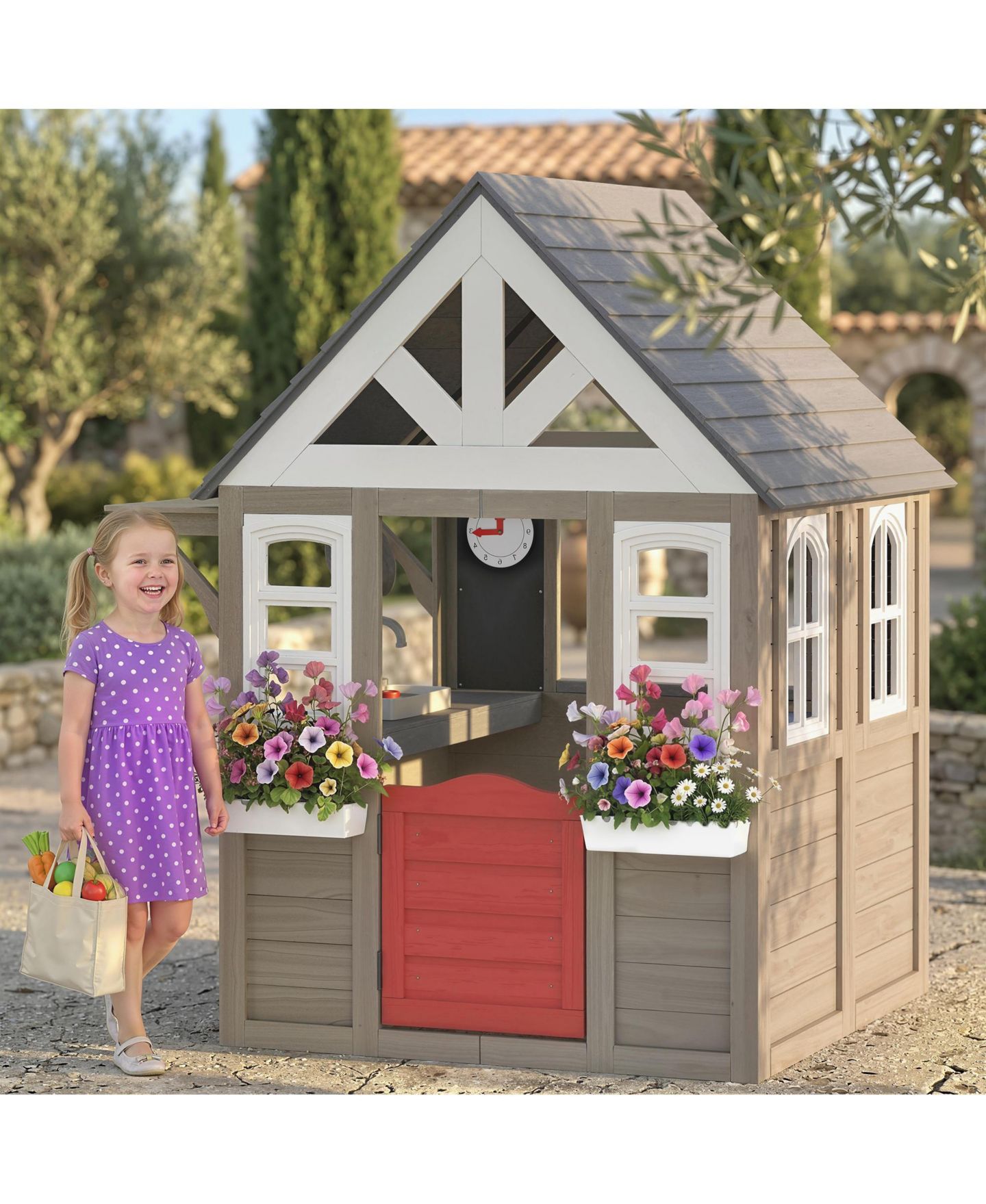 Детские игрушки Qaba Dog Door Outdoor Playhouse with Stove Set, от 2 лет, цвет: Серый — фото 2