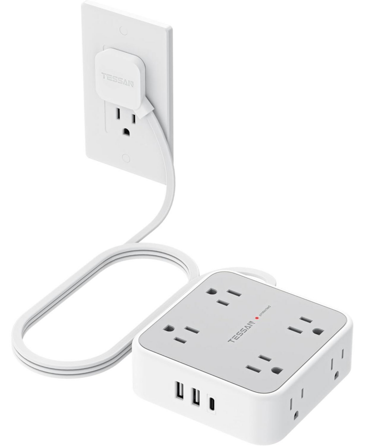 Tessan Surge Protector Power Strip, 5 Feet t Flat Plug Extension Cord with 3 Usb (1 Usb C) 8 Outlets, 1250W, 900J Protection, 3 Sided Outlet Extender