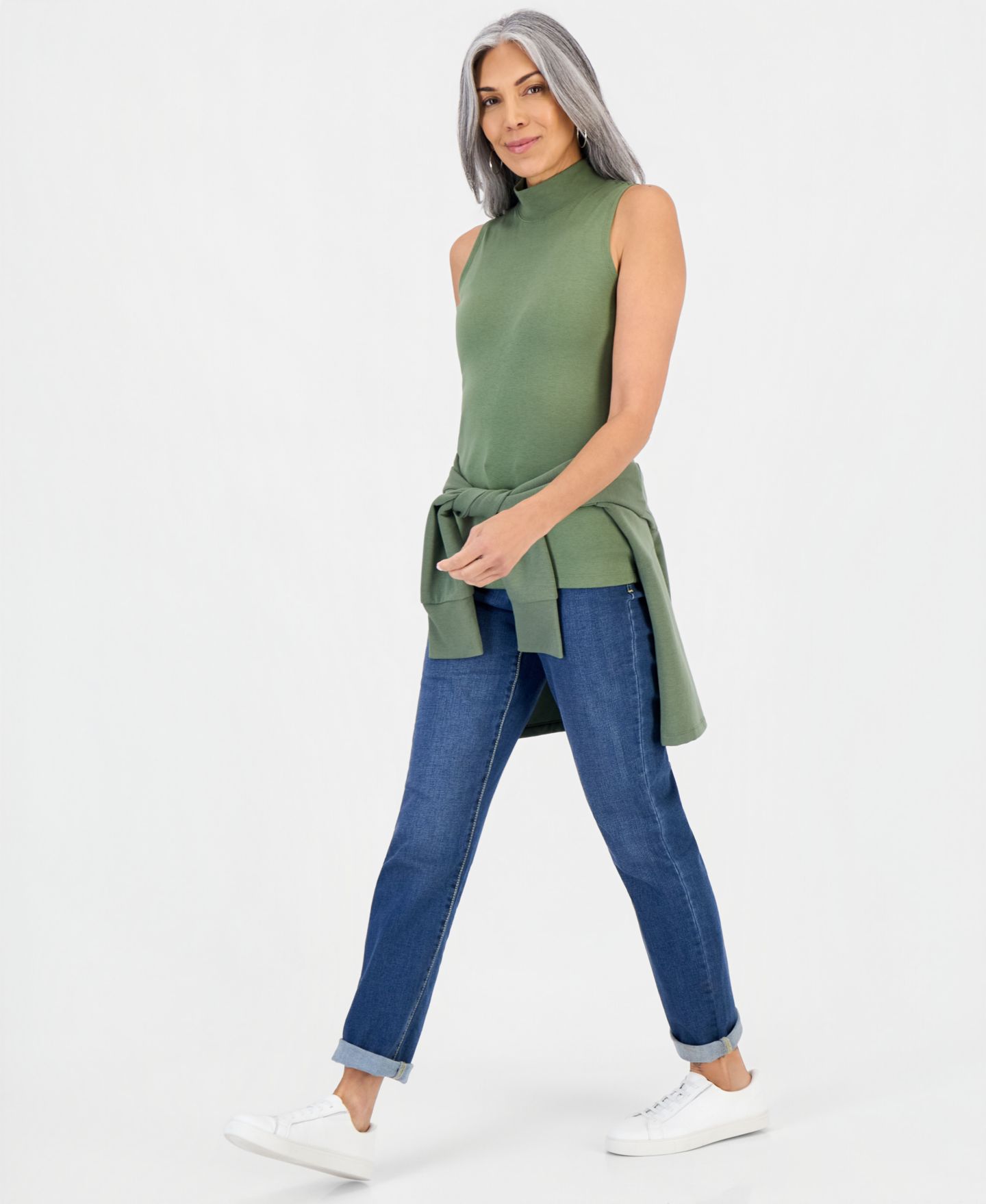 Женский топ Style & Co Petite Mock Neck Cotton, цвет: Зелёный — фото 2
