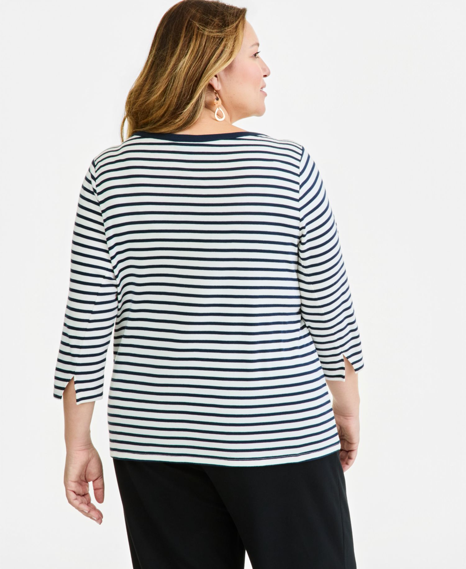 Plus Size Stripe 3/4 Sleeve Boat-Neck Top
