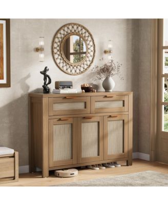 Rattan Buffet Sideboard Cabinet, Coffee Bar Cabinet with 3 Drawers, Boho Kitchen Accent Storage Cabinet  for Dining Room, Living Room, Entryway