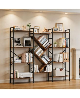 Triple-Wide Tree-Shaped Open Bookshelf, Carbon Steel Frame Rustic Storage Display Rack, Easy Assembly Multi-Purpose Home Office Organizer