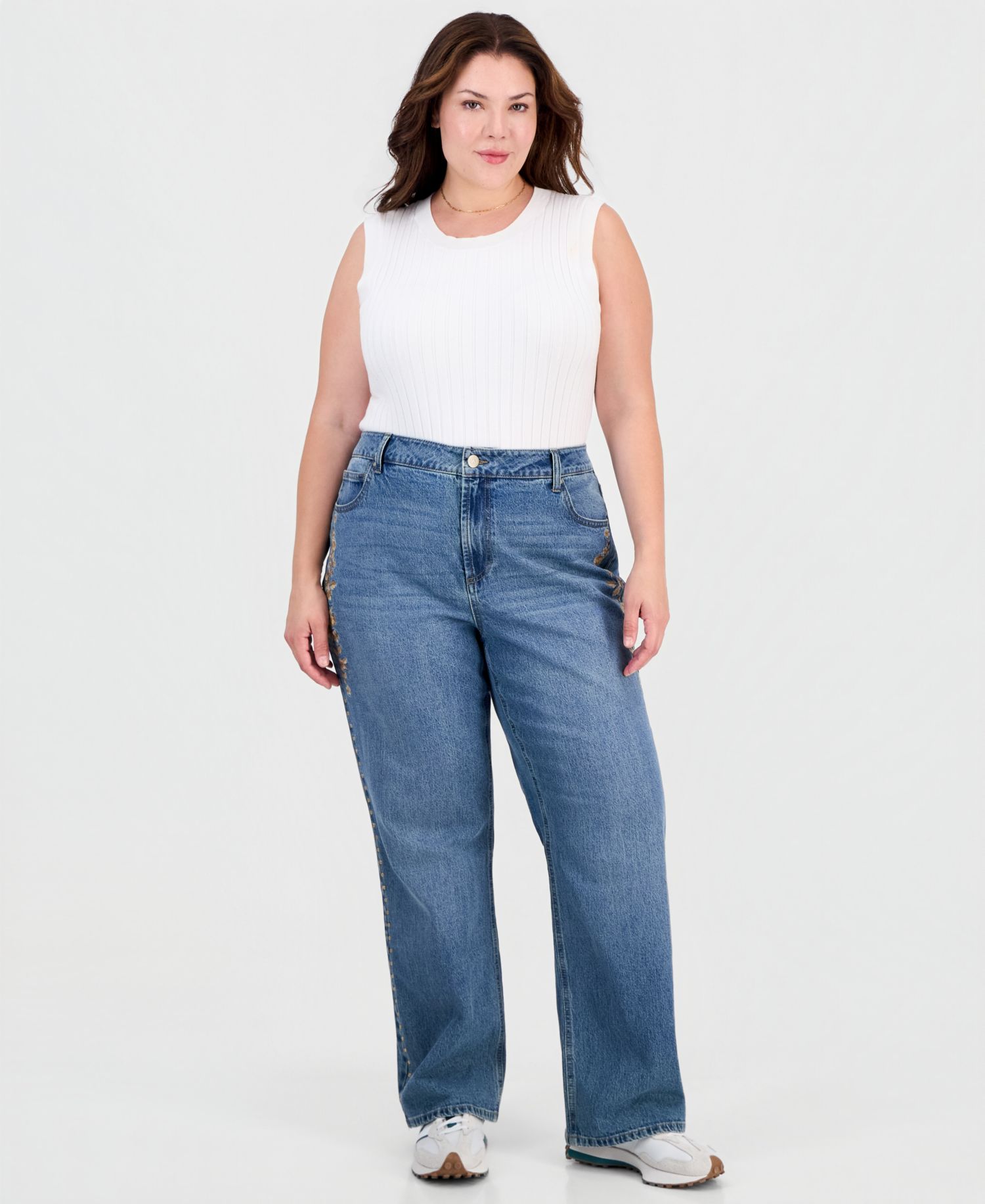 Trendy Plus Size Embroidered Studded Jeans