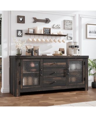  Buffet Sideboard, Accent Storage Cabinet with 2 Glass Doors and 3 Drawers, Coffee Bar Table, TV Stand for Living Room, Kitchen