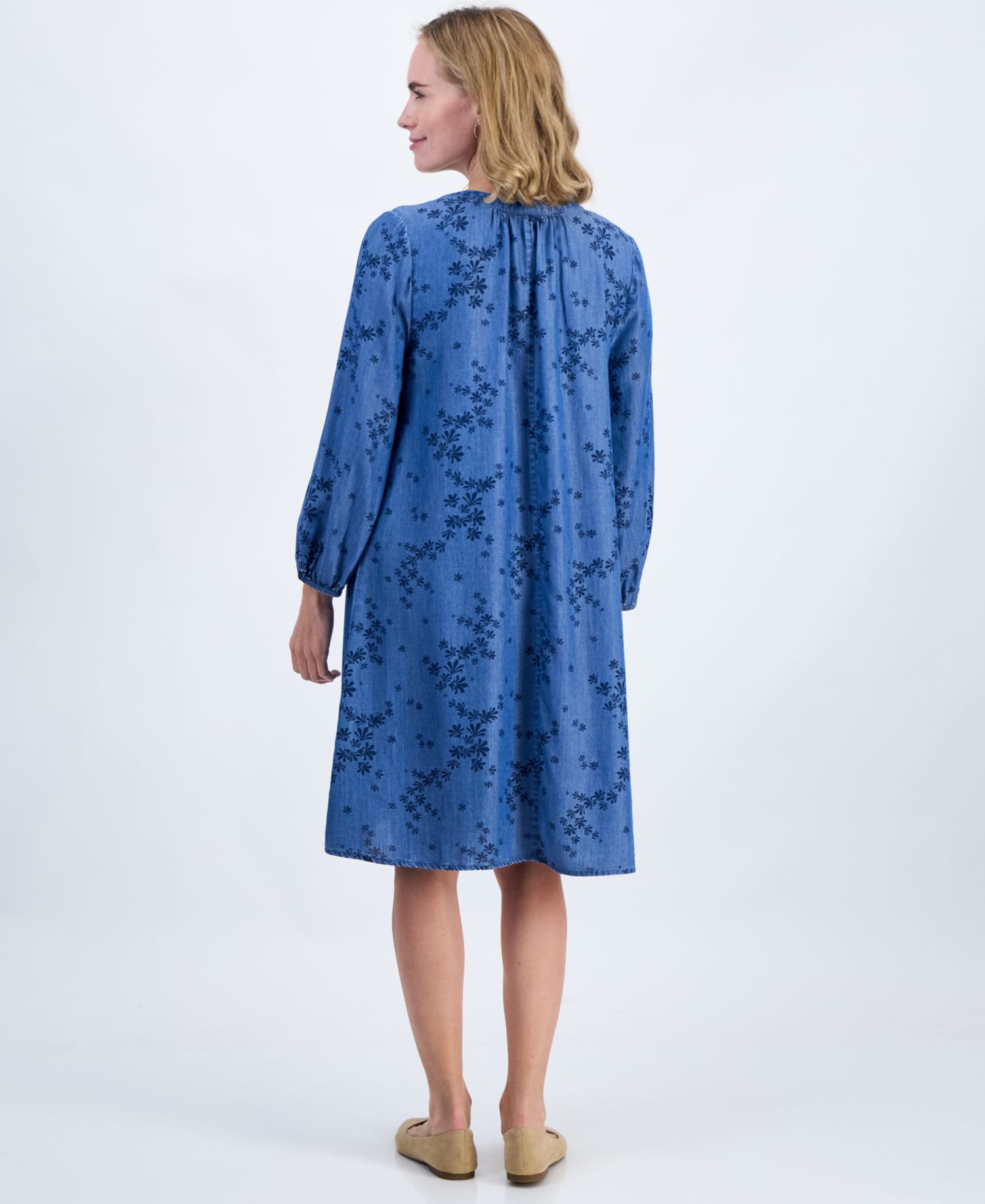 Petite Printed Chambray V-Neck Popover Dress