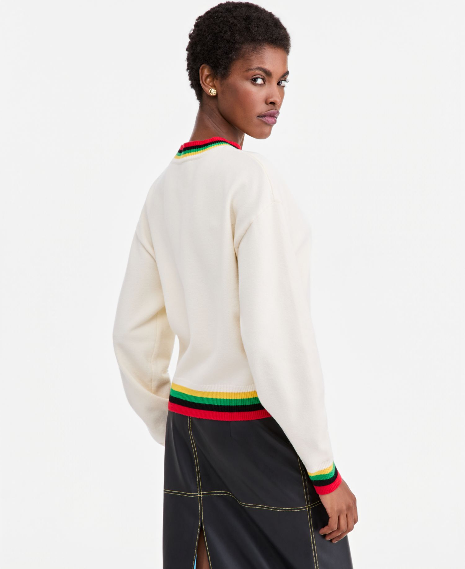 Women's Striped-Trim Crewneck Long-Sleeve Logo Sweater