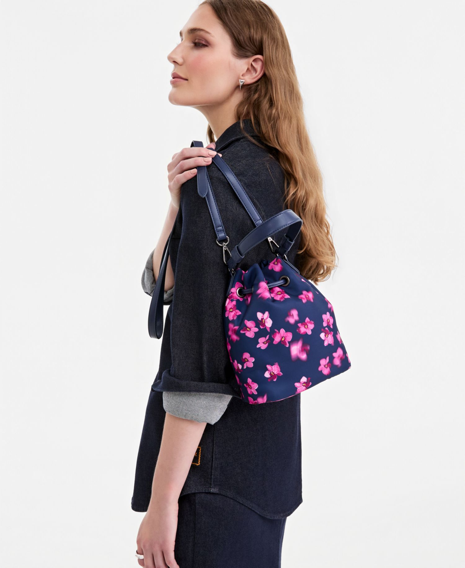 Floral-Print Drawstring Crossbody Top Handle Handbag