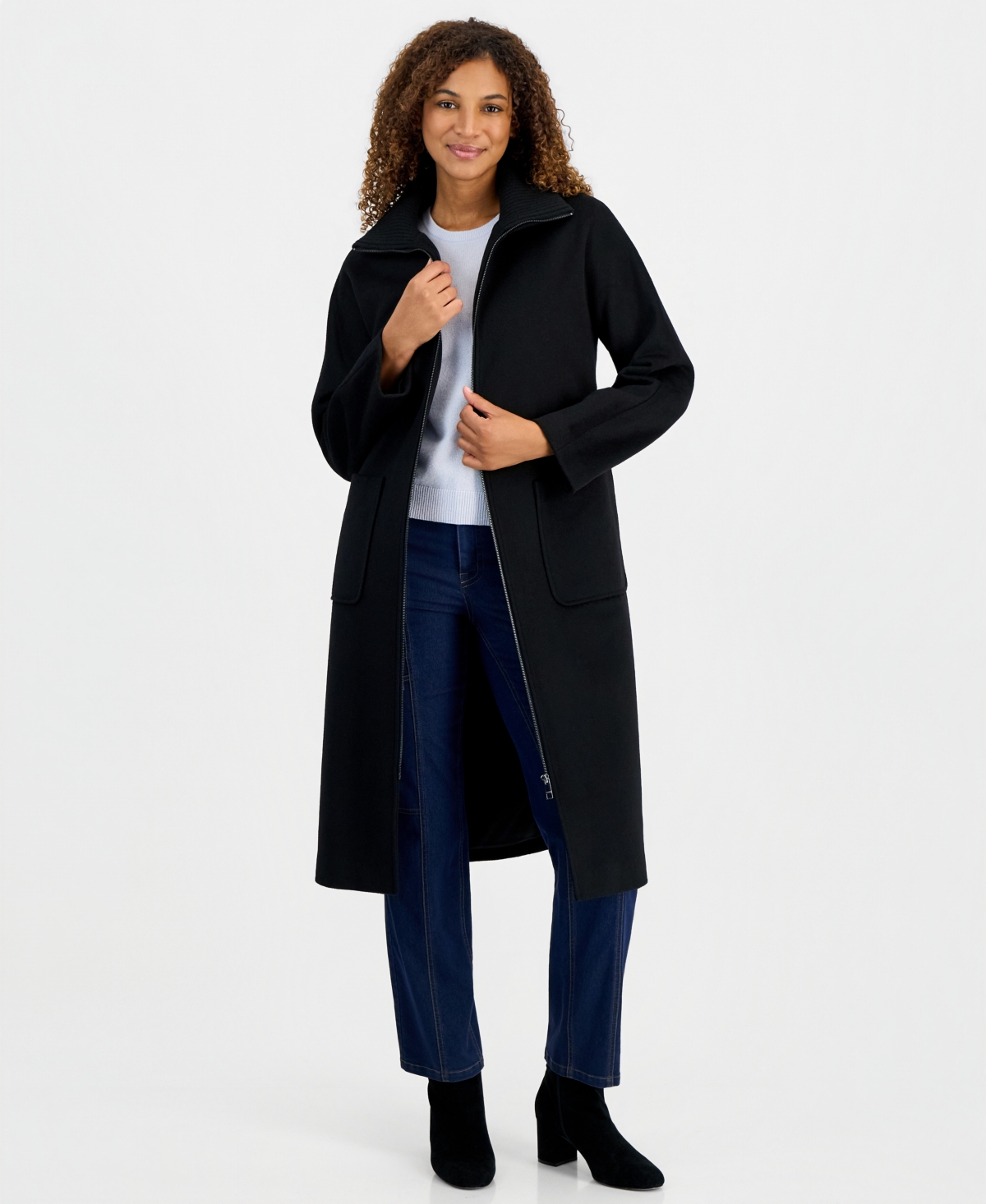 Calvin Klein Women's Belted Knit-Collar Textured Coat