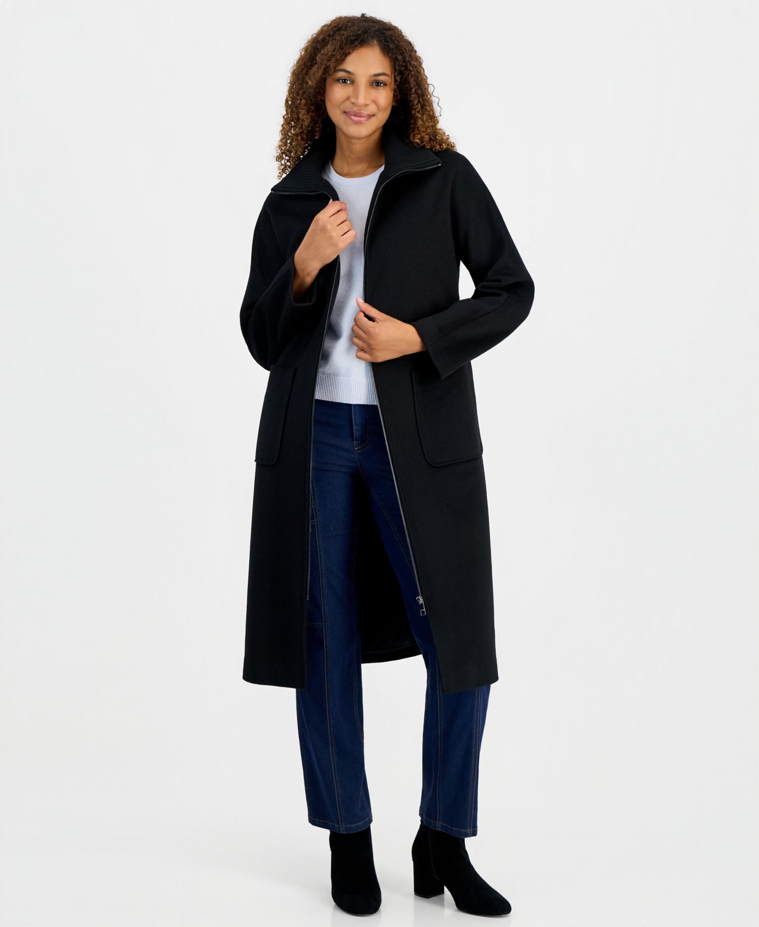 Women's Belted Knit-Collar Textured Coat