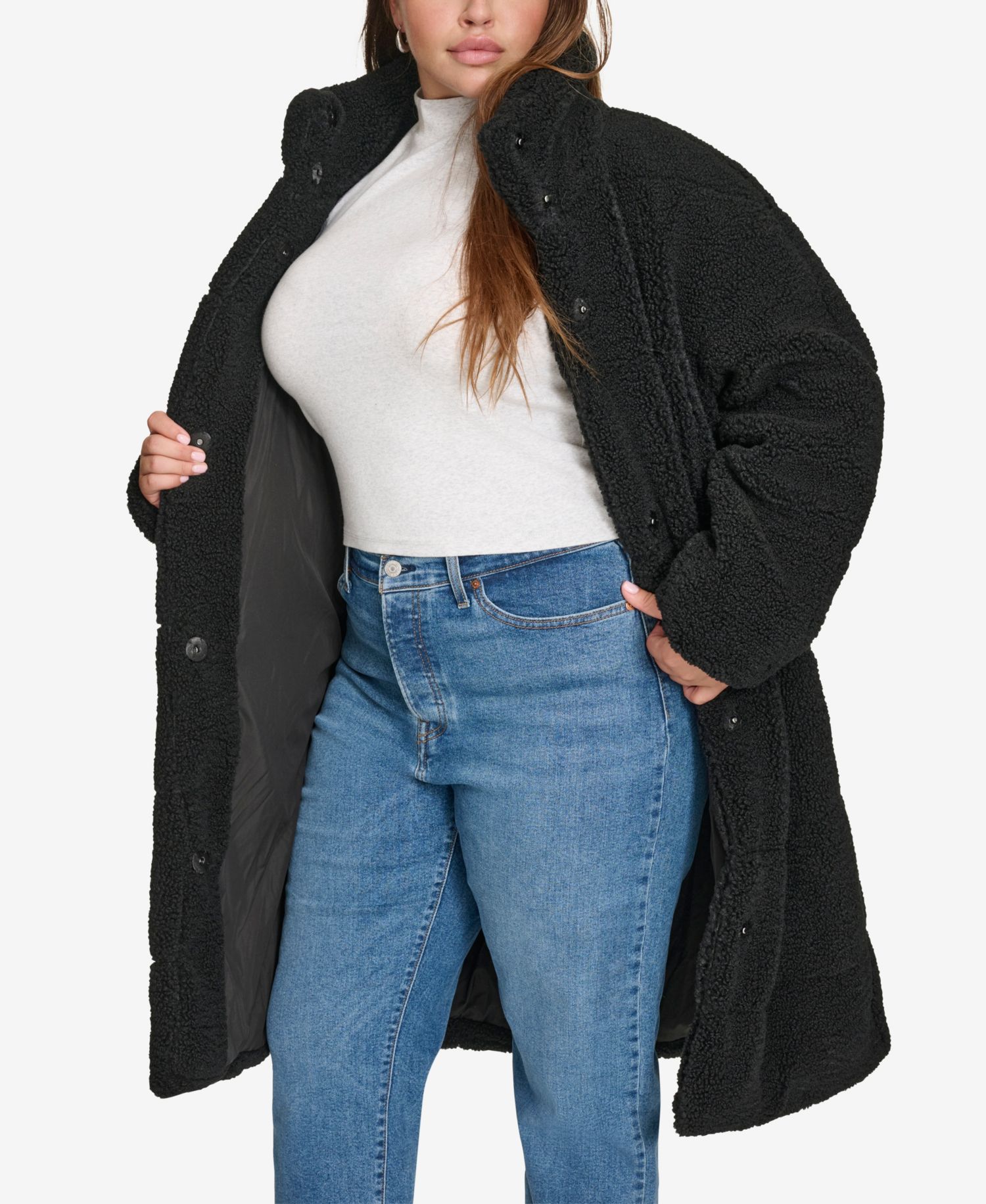 Plus Size Snap Closure Teddy Coat