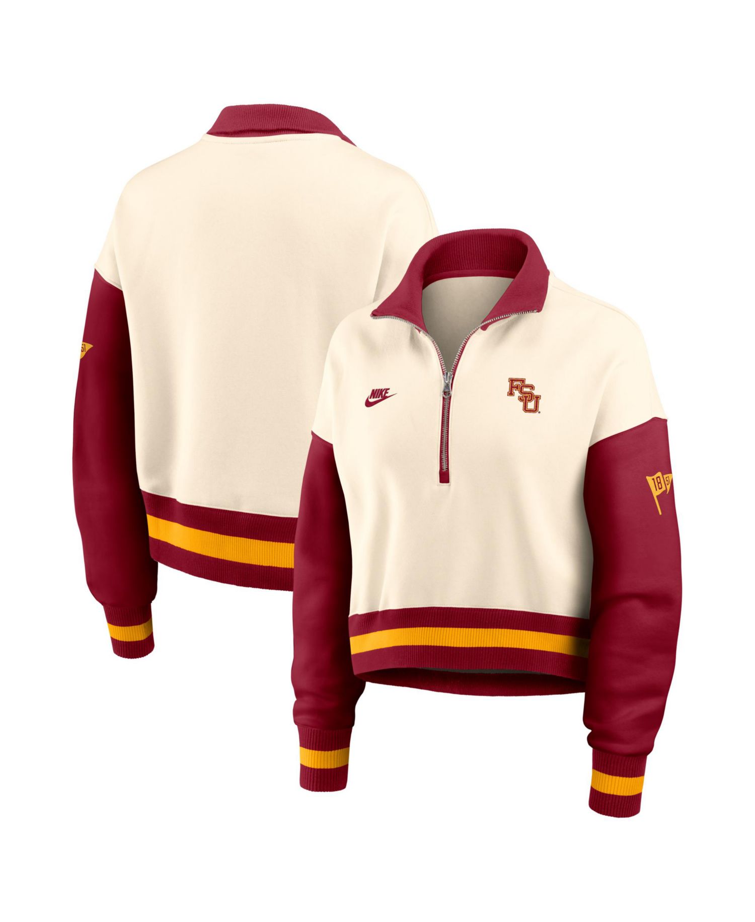 Women's Natural/Scarlet Florida State Seminoles Oversized Legacy Color Block Cropped Quarter-Zip Pullover Sweatshirt