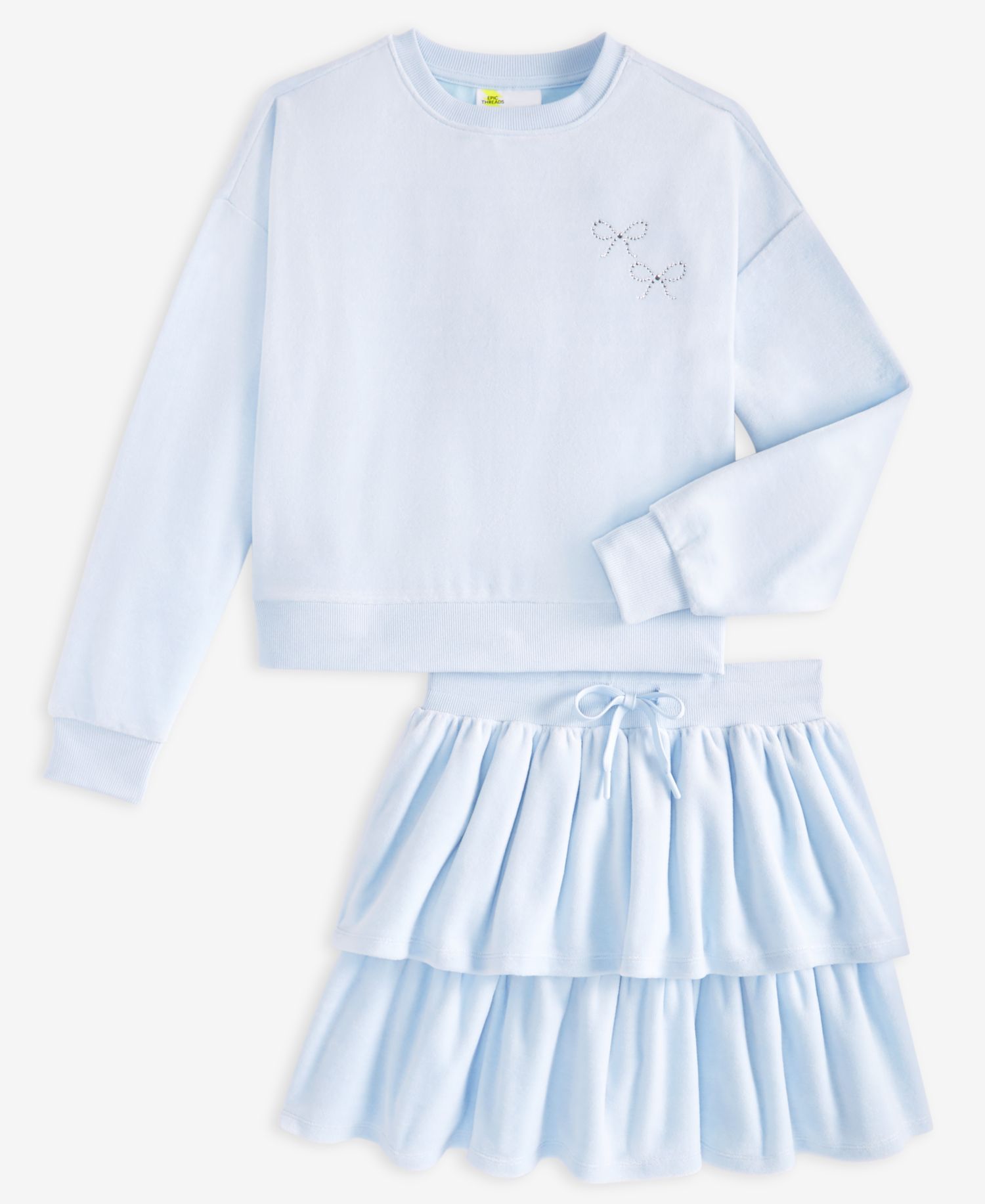 Girls' XS-XL Bow Crewneck Velour Sweatshirt and Ruffle Skirt, 2-Piece Set