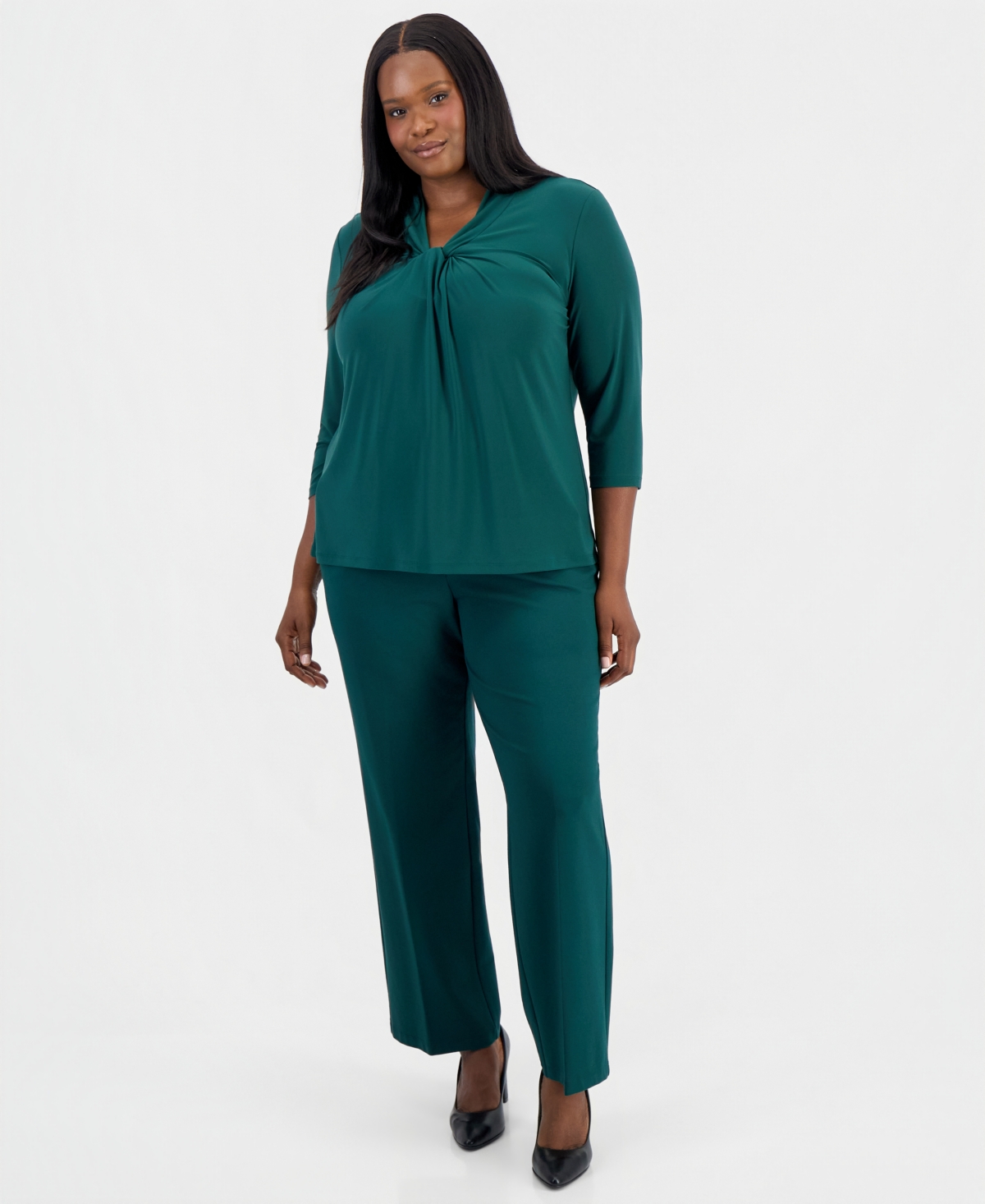 Kasper Plus Knot-Front 3/4-Sleeve Blouse