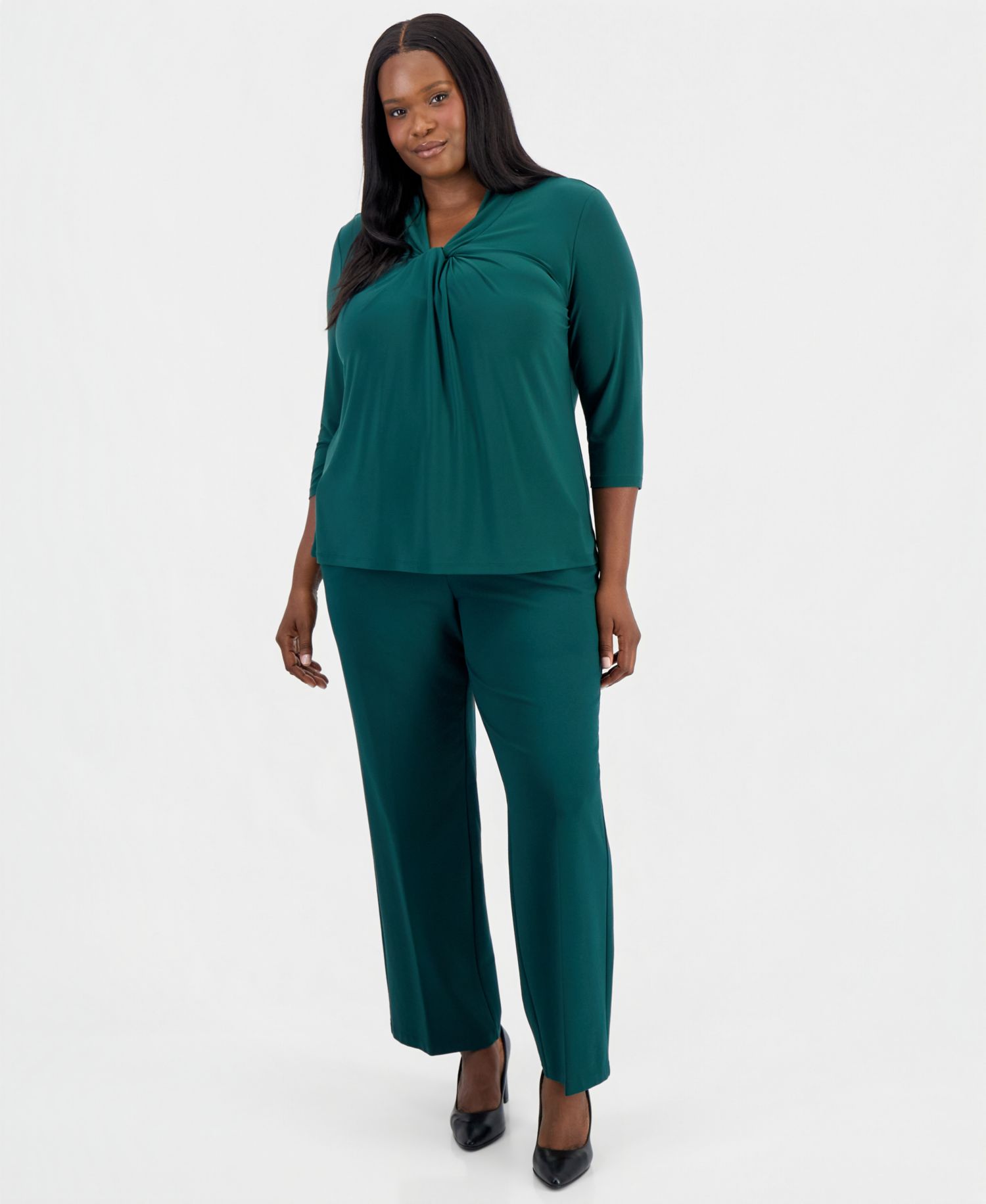 Plus Size Knot-Front 3/4-Sleeve Blouse