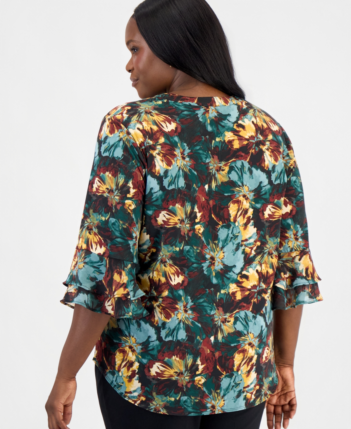 Kasper Plus Floral-Print Split-Neck Flutter-Sleeve Tunic