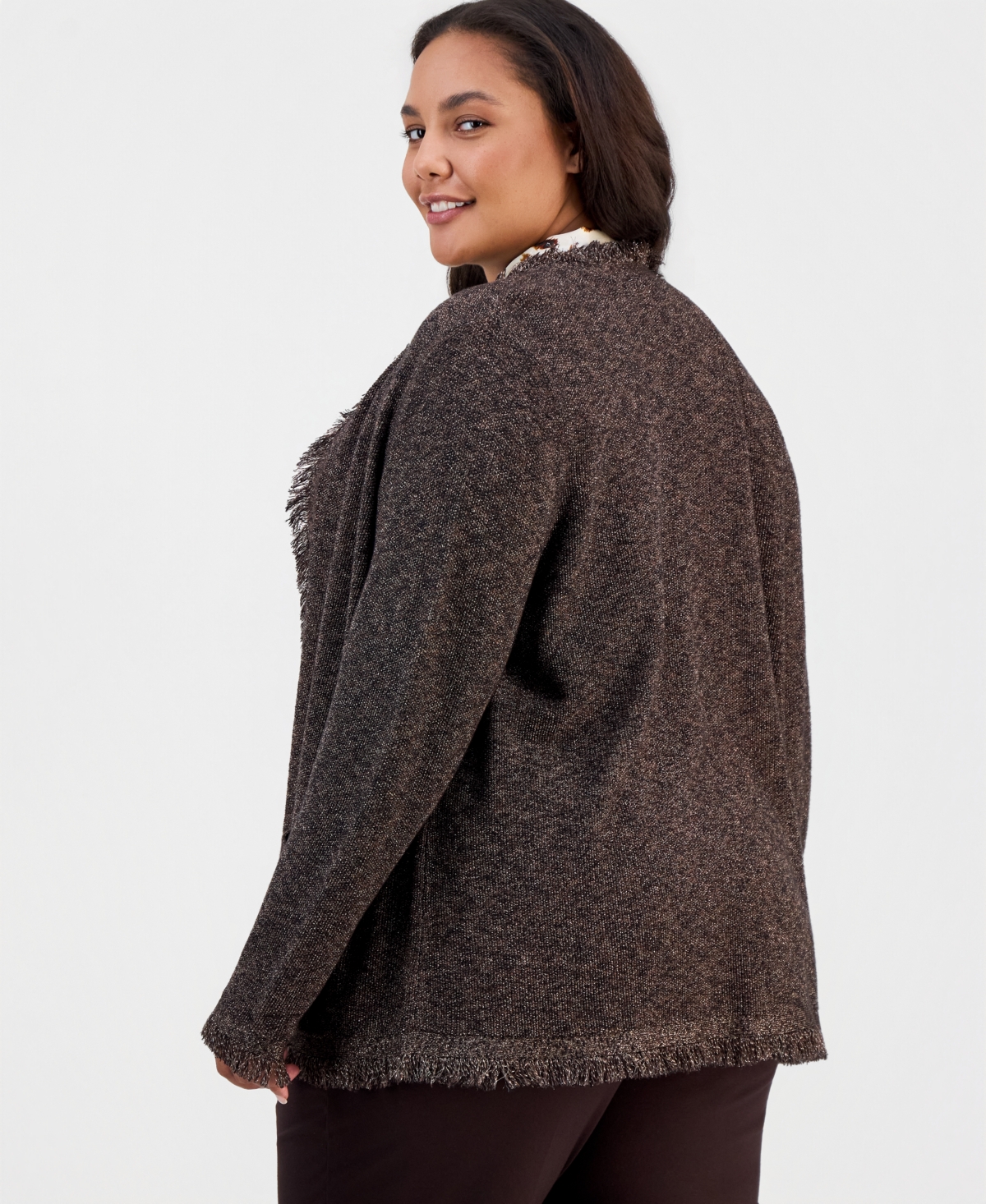 Kasper Plus Size Fringe Open-Front Cotton-Blend Cardigan