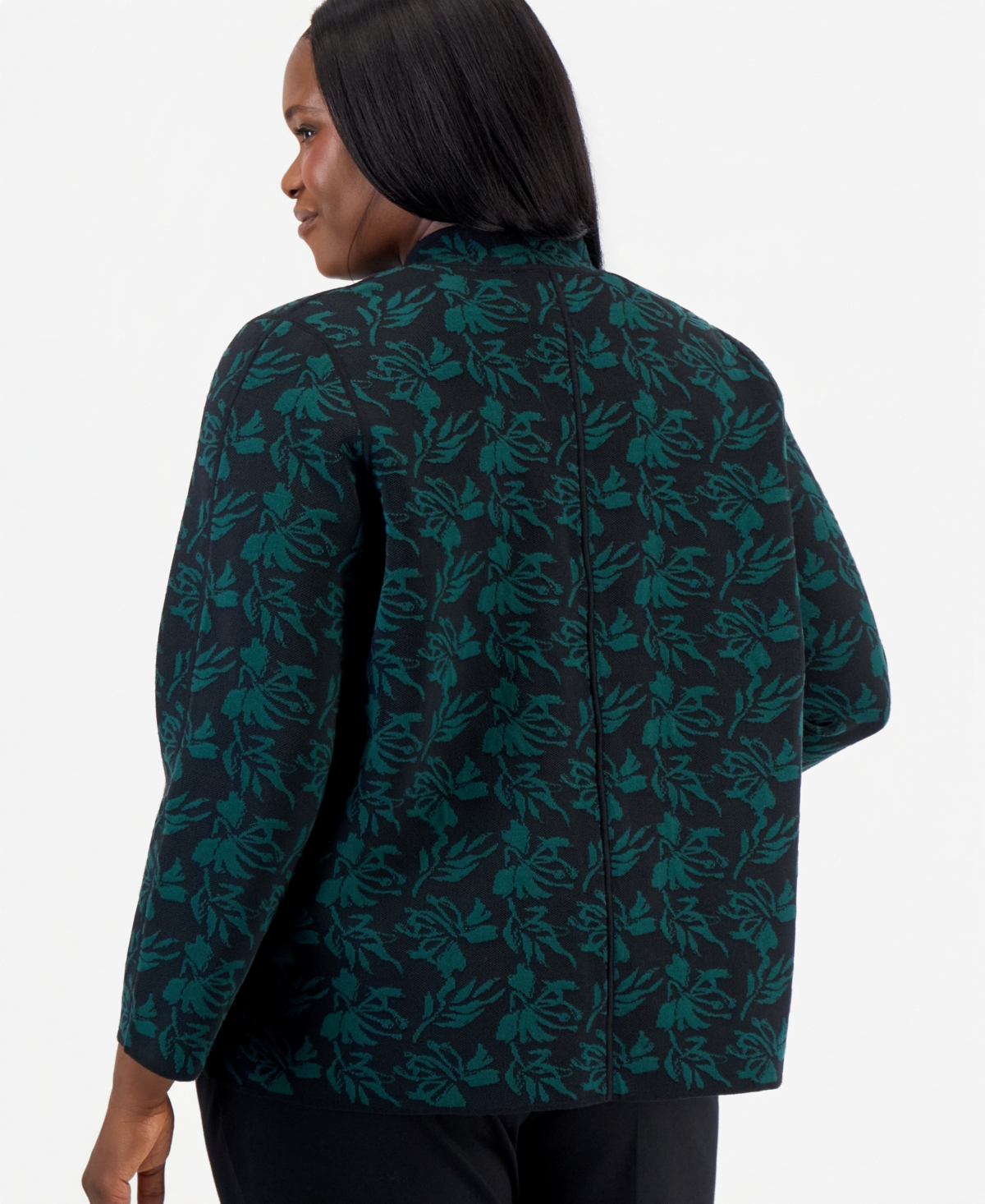 Kasper Women's Plus Kissing Front Cardigan Jacquard Floral Mock Neck