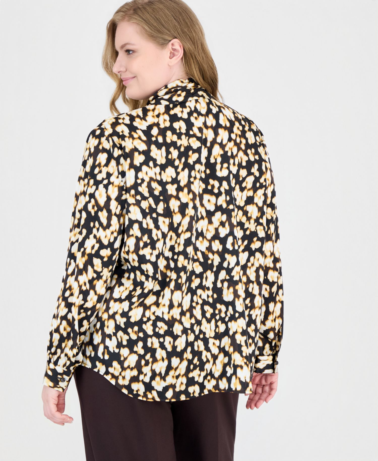 Plus Size Tie Neck Long-Sleeve Animal-Print Blouse