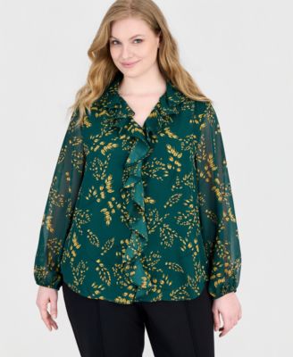 Plus Size Long-Sleeve Ruffle-Front V-Neck Blouse