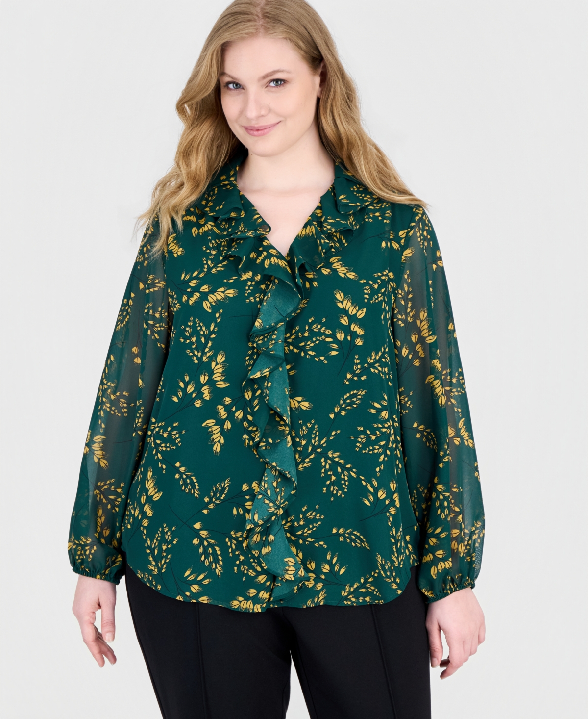 Kasper Plus Size Long-sleeve Ruffle-front V-neck Blouse In Evergreen Multi