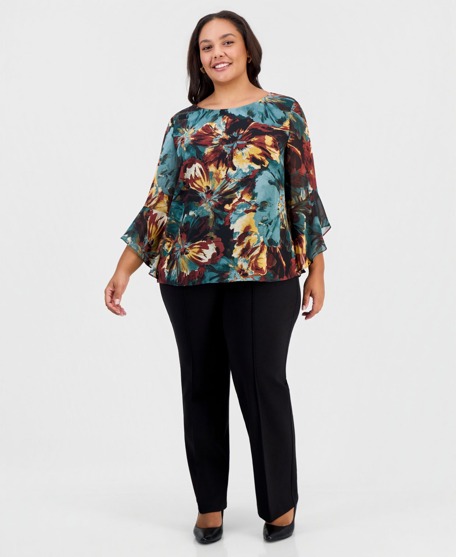 Plus Size 3/4-Sleeve Ruffled Floral-Print Blouse